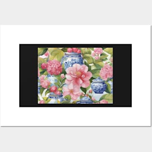 Camellia flowers and chinoiserie jars watercolor Posters and Art